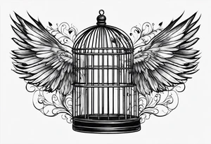A simple bird cage with the door open with a bird flying out tattoo idea