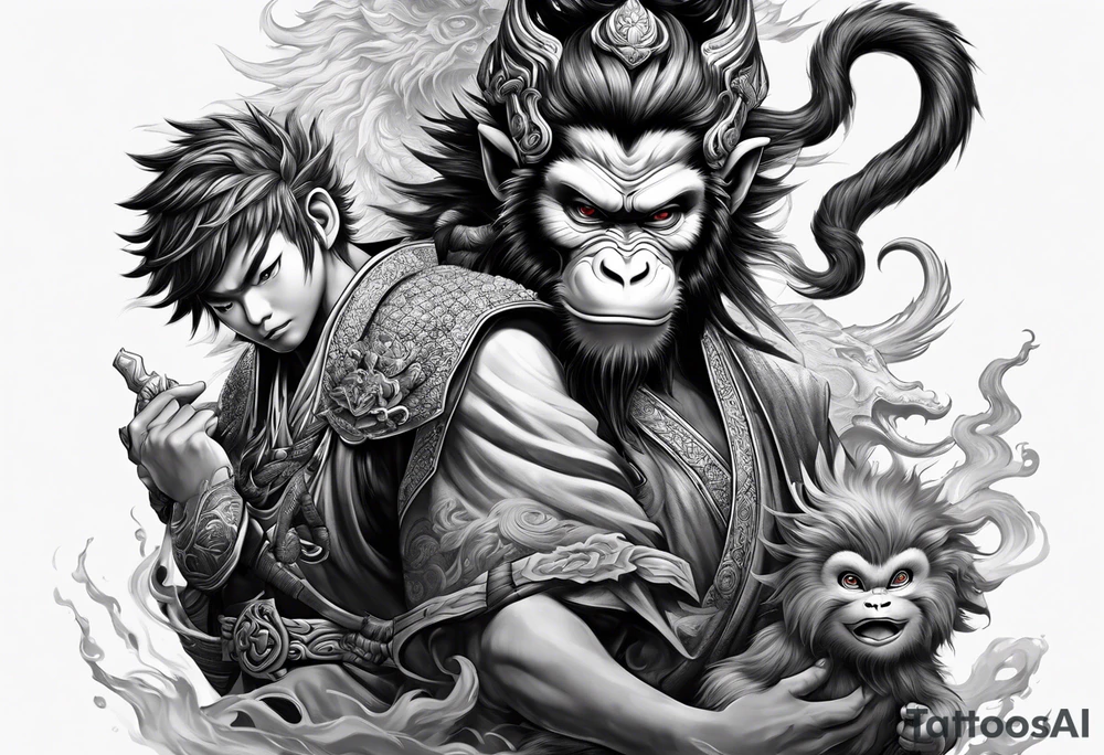 monkey king with weapon, japanese dragon, a shrouded mother holding a baby tattoo idea