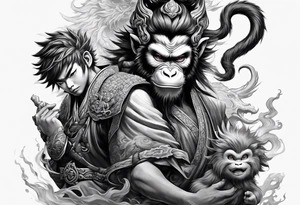 monkey king with weapon, japanese dragon, a shrouded mother holding a baby tattoo idea