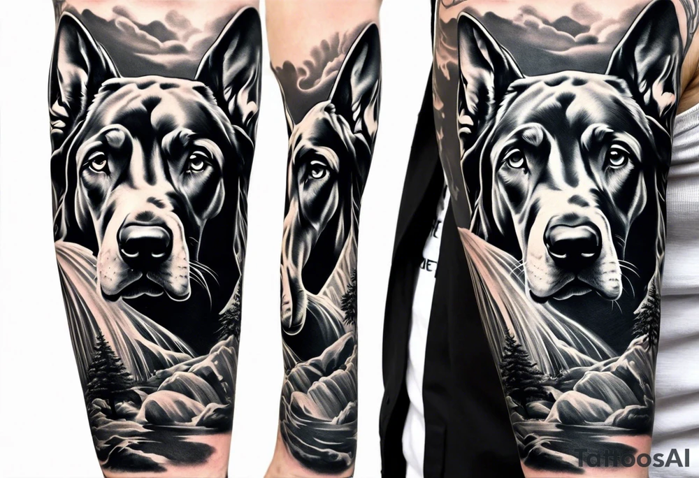 Full arm sleeve. Four Great Danes together exploring waterfall tattoo idea