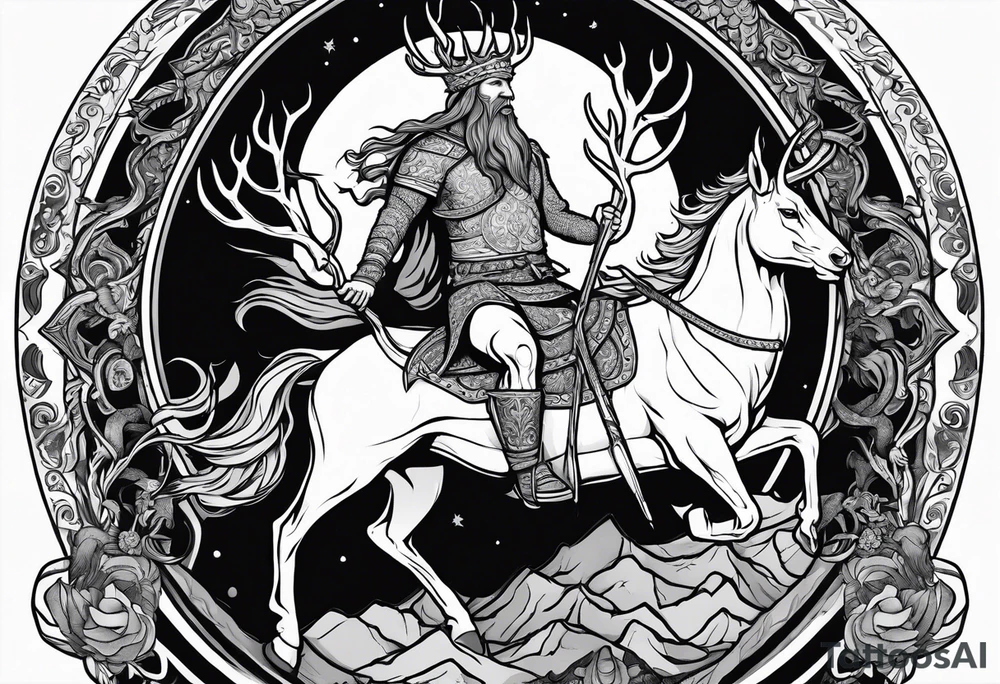 Nordic god Balder riding on a stag with a skull face tattoo idea