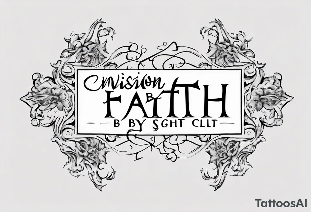 envision a horizontal placement of the quote “walk by faith, not by sight” with an elegant script font. Integrate a subtle stairwell leading to a delicate cross near the gates of heaven. This design captures the essence of the journey guided by faith. tattoo idea