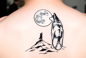 smALL HUSKY LOOKING AT A TRIBAL MOON STANDONG IN THE SAND IN THE SEA tattoo idea