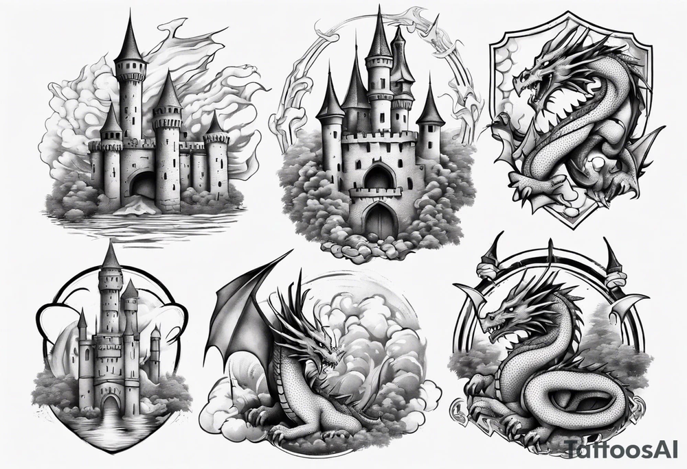 dragons protecting a castle tattoo idea