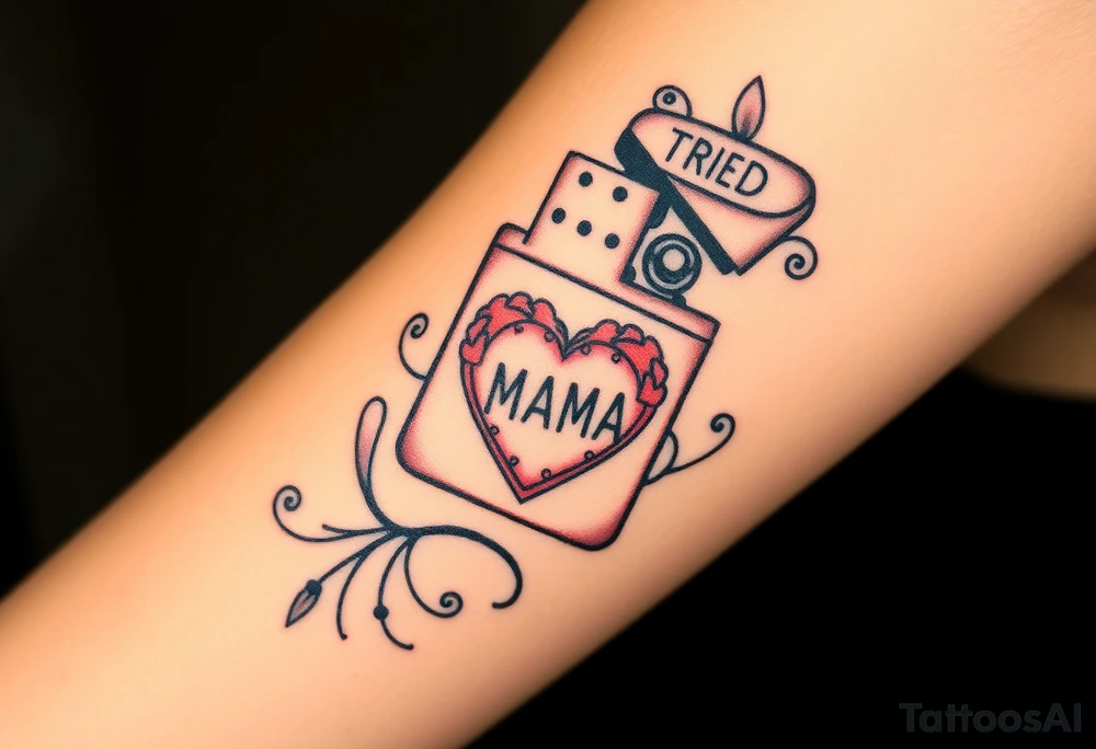 A traditional style tattoo design of a vintage zippo lighter with a traditional mom heart on the front with the words quote “MAMA” and the words quote “TRIED” on the lid tattoo idea