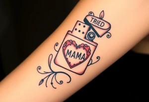 A traditional style tattoo design of a vintage zippo lighter with a traditional mom heart on the front with the words quote “MAMA” and the words quote “TRIED” on the lid tattoo idea