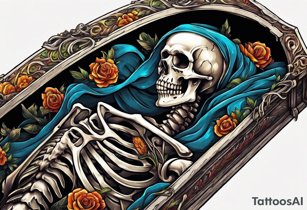 skeleton getting out of coffin tattoo idea