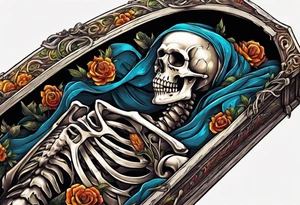 skeleton getting out of coffin tattoo idea