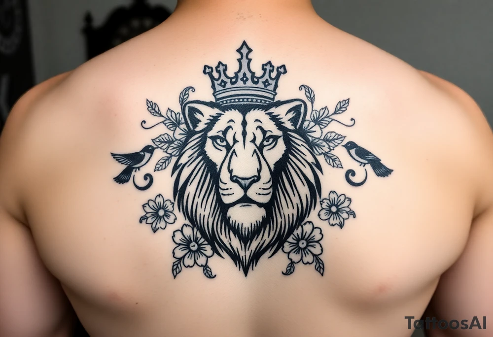 powerful majestic lion with a crown, surrounded by floral ornaments and birds tattoo idea