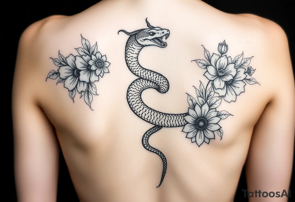 Snake wrapping around the spine with florals tattoo idea