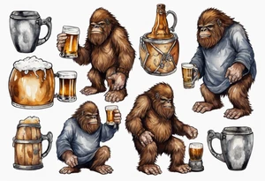 a medieval sasquatch wearing a tunic and drinking from a pewter mug of beer tattoo idea