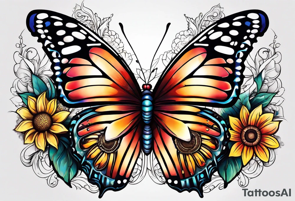 animal butterfly , flower rose, sunflower, tattoo idea