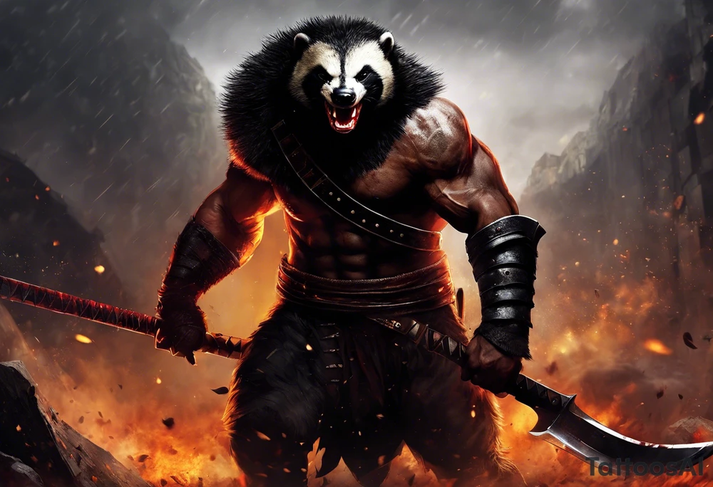 Draw me psychopath Fearless Honey Badger/Berserker with aggressive full body, killer face with a scary smile, very long nails and he attacks like a Bloody Assassin/Warrior/Gladiator to us and also, he has very deadly looking. He fights with his nails only. Everybody scares after their first sight. Give me horror type Badger Tattoo. I want to see his Realistic full body with no weapons. You can show destruction at the back. tattoo idea