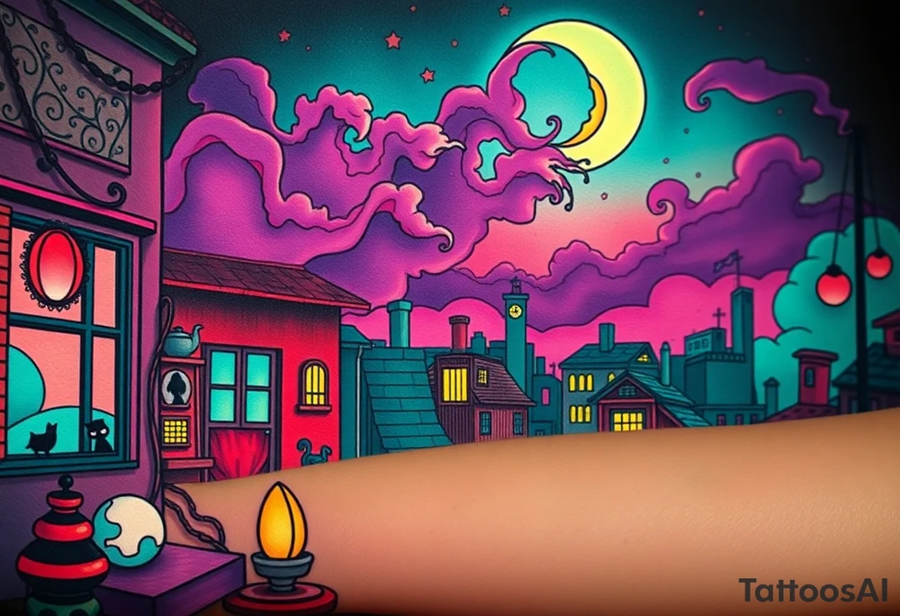 Tim Burton’s haunted pastel Tokyo apartment and dripping with muted reds, dusty pinks, and eerie green glow.purple and cyan smokey clouds swirl in the crescent moonlit sky thats sprinkled with stars tattoo idea tattoo idea