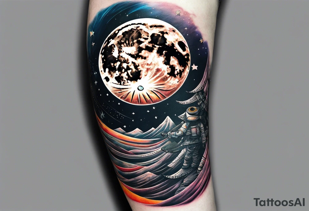 man on the moon space theme arm sleeve tattoo idea