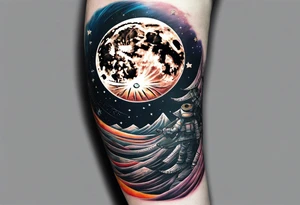 man on the moon space theme arm sleeve tattoo idea