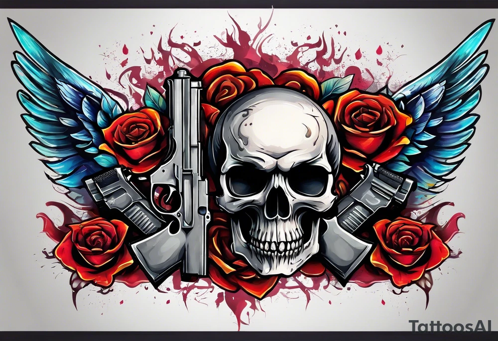 skull with a gun a  rose and dominated by a  heart with wings and  flames coming out of the top of it tattoo idea
