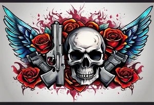 skull with a gun a  rose and dominated by a  heart with wings and  flames coming out of the top of it tattoo idea