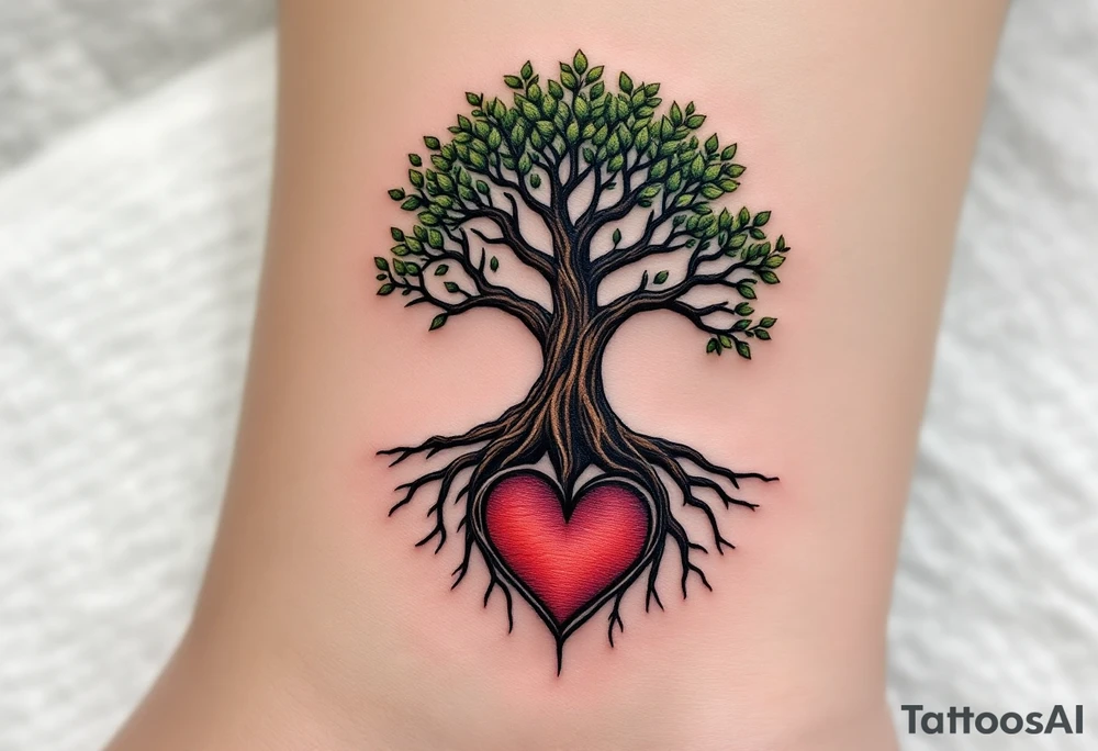 A tree with a strong trunk, and the roots forming a heart shape at the base. Small leaves gently flutter around the branches. Earthy browns for the trunk, rich green for the leaves, and soft red and pink tones for the heart-shaped roots. tattoo idea