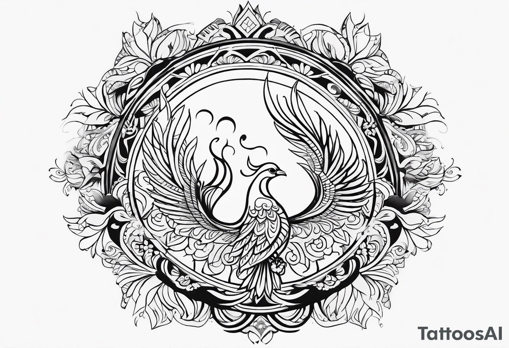 Tribal bohemian feminine impowering Phoenix rising with smoke, mandala sun, floral, lace background tattoo idea
