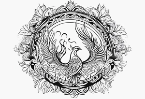 Tribal bohemian feminine impowering Phoenix rising with smoke, mandala sun, floral, lace background tattoo idea