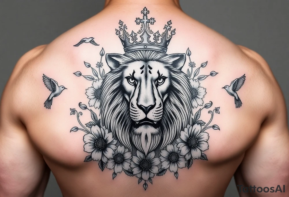 powerful majestic lion with a crown, surrounded by floral ornaments and birds tattoo idea