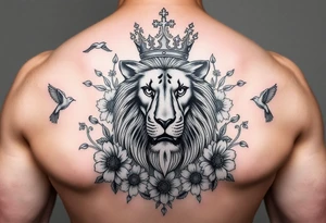 powerful majestic lion with a crown, surrounded by floral ornaments and birds tattoo idea