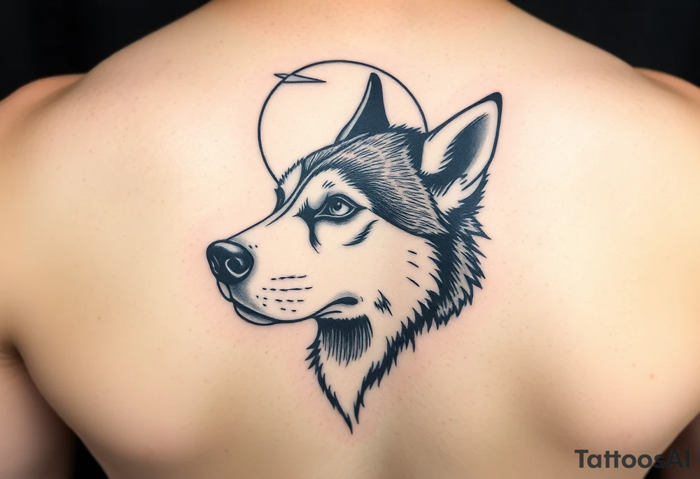 make a small tattoo of the face of a husky white with brown looking at the moon tattoo idea