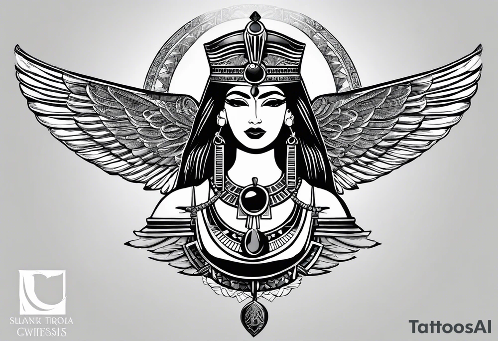 blank and white Egyptian goddess Isis, who is often depicted as a woman with outstretched wings, holding an ankh (a symbol of life) in one hand and a lotus flower in the other. Her headdress often includes a throne or a solar disk. The tattoo design can vary in style and size, but it typically aims to capture the essence of this revered Egyptian deity, emphasizing her beauty, power, and maternal qualities. The choice of colors and additional elements can also be customized to create a unique and visually striking representation of the goddess Isis tattoo idea