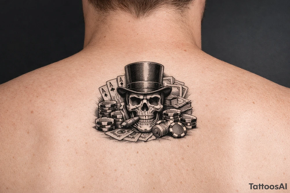 skull with cigar in his mouth,top-hat surrounded by poker-chips,paying cards and money. tattoo idea