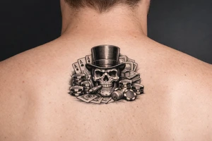 skull with cigar in his mouth,top-hat surrounded by poker-chips,paying cards and money. tattoo idea