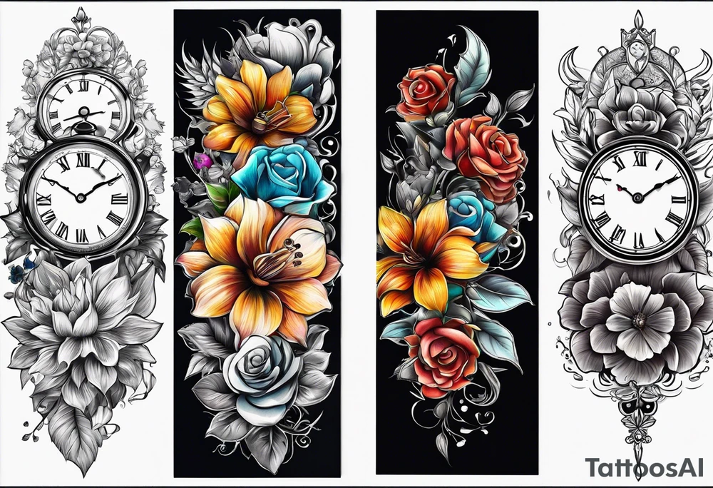 3 clocks and June flowers October flowers and December flowers tattoo idea