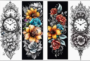 3 clocks and June flowers October flowers and December flowers tattoo idea