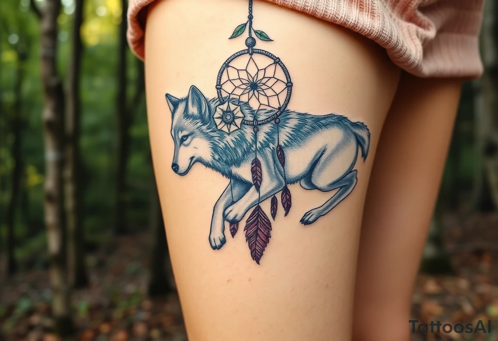 A wolf running through the woods, with dreamcatcher rings woven into the landscape. The wolf’s fur is shaded in shades of gray and white, while the dreamcatcher is adorned with green leaves and earthy brown tones tattoo idea