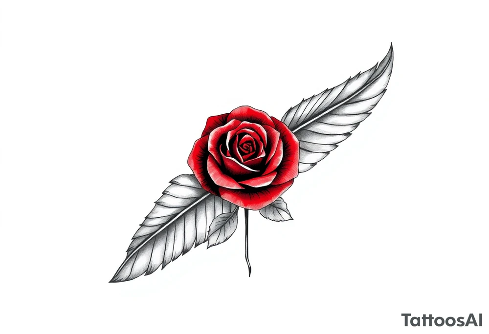 TWO FEATHERS TOGETHER WITH A ROSE WITH SERGE WRITTEN INSIDE tattoo idea
