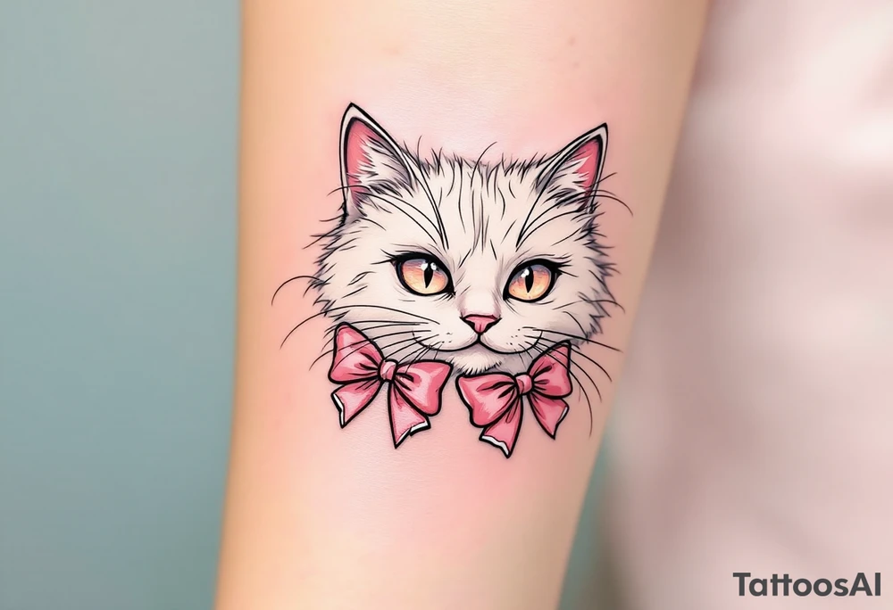 This cute white persian cat tattoo of Marie with two pink bows in soft whites and pinks is a must for any The Aristocats fan. tattoo idea