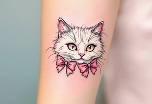 This cute white persian cat tattoo of Marie with two pink bows in soft whites and pinks is a must for any The Aristocats fan. tattoo idea