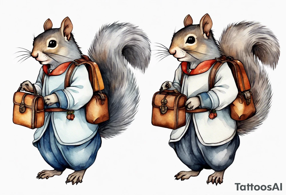 medieval grey squirrel in dress carrying a large satchel tattoo idea