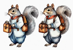 medieval grey squirrel in dress carrying a large satchel tattoo idea