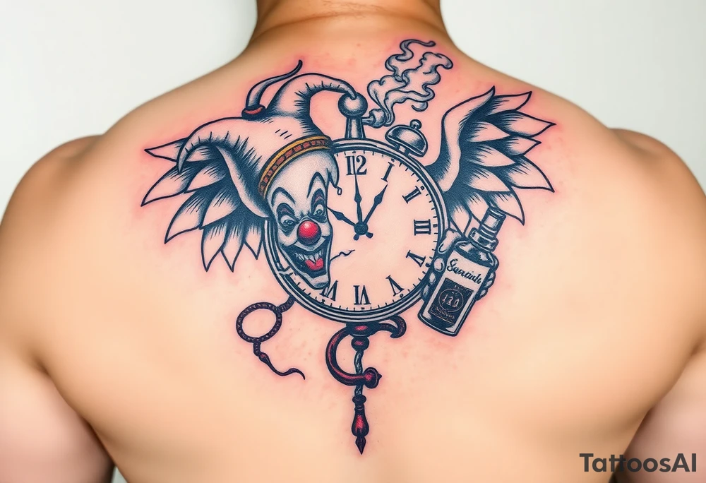 a jester clown floating in smoke with a  clock, the time says 420,  with two open wings besides the clock, smoke as the spring rising from the clock, a jester clown coming out the smoke, smoking in one hand with a liquor bottle on the other hand tattoo idea