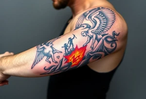 Heaven’s angels fighting hells demons. Angels flying and demons climbing up out of hell tattoo idea