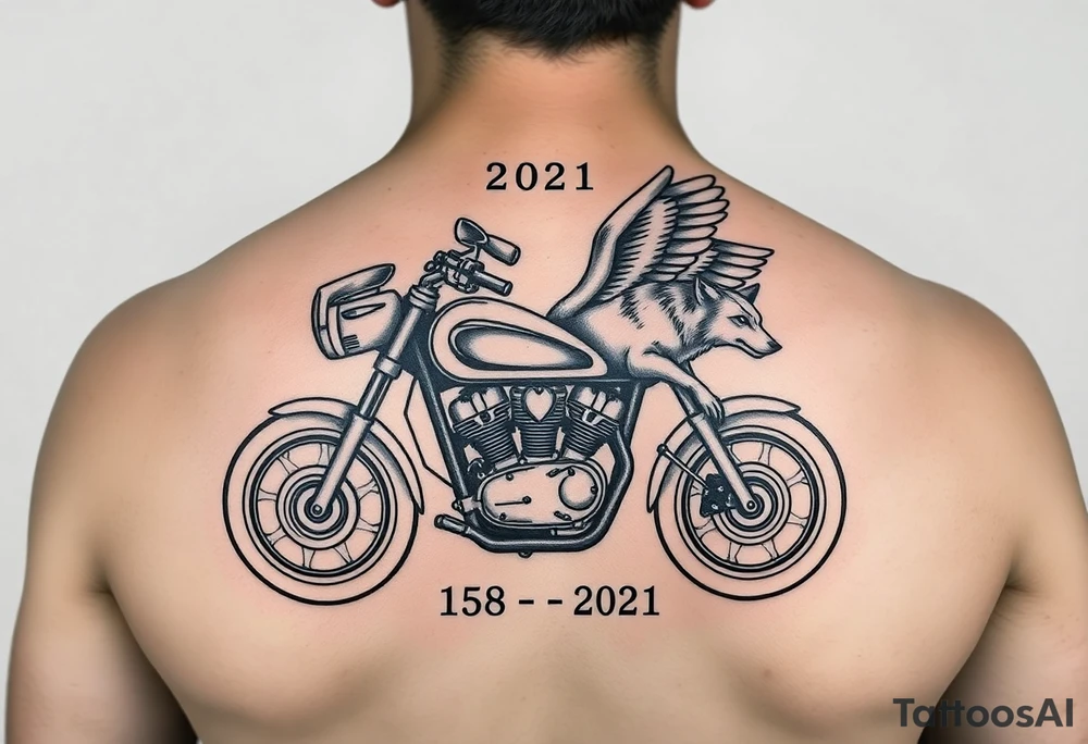 the year 1958 - 2021 with a motorcycle on it with guardian angel wolves tattoo idea