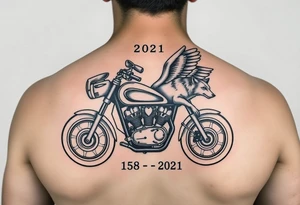 the year 1958 - 2021 with a motorcycle on it with guardian angel wolves tattoo idea