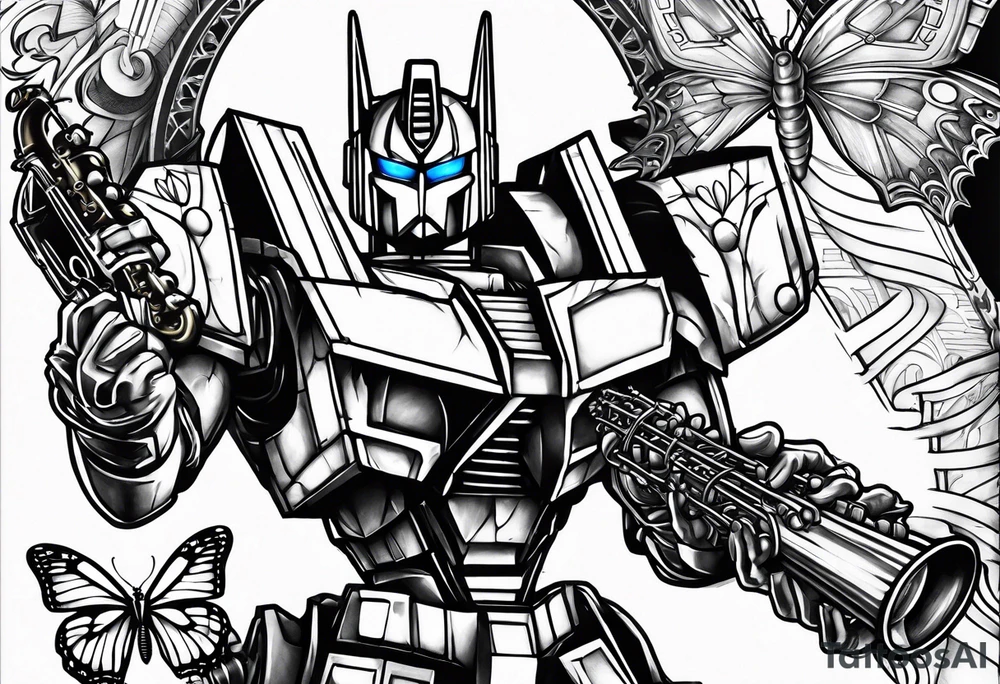 Optimus prime holding Sonic, a butterfly, saxophone, power ranger tattoo idea