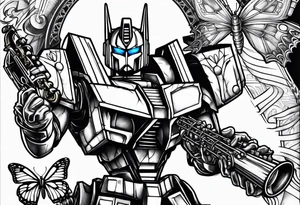 Optimus prime holding Sonic, a butterfly, saxophone, power ranger tattoo idea