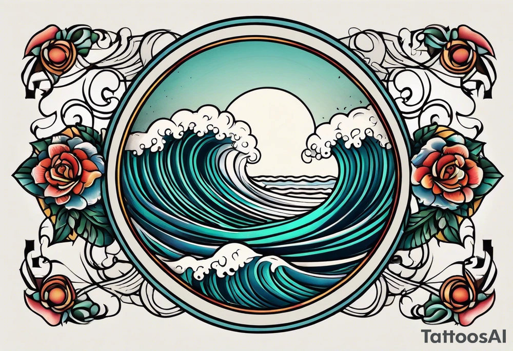 vintage traditional tattoo of waves 
within a circle and banner across bottom tattoo idea