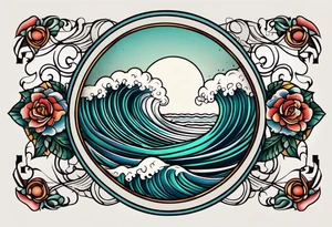 vintage traditional tattoo of waves 
within a circle and banner across bottom tattoo idea