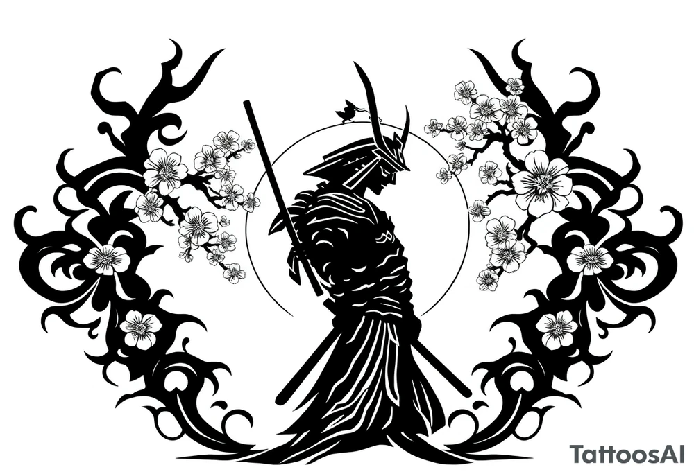 noble samurai warrior silhouette at sunset with cherry blossoms tattoo idea
