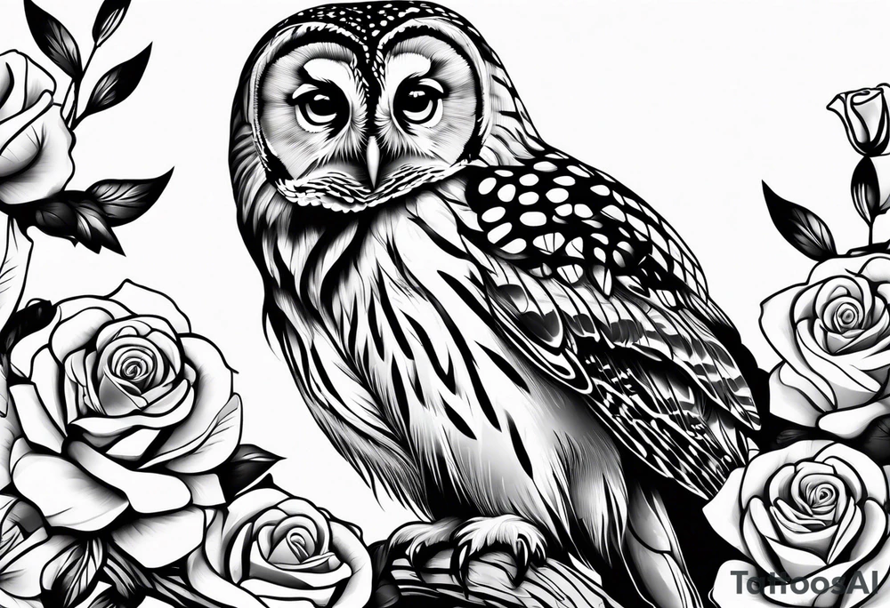 Barred owl with a single rose tattoo idea
