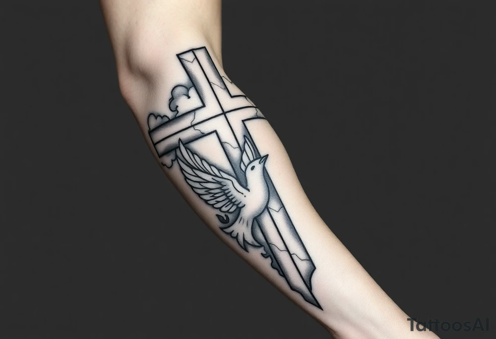 Big cross with clouds in the back everywhere  with a dove a the bottom left of the forearm with a blue circle ring it and the number 4 to the of the dove with whole tattoo covering the whole forearm and add fire tattoo idea